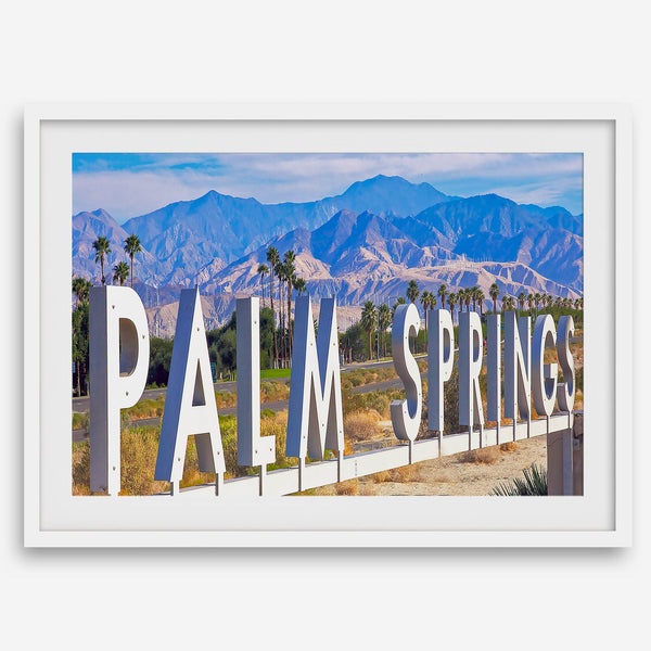 Panoramic Palm Springs sign artwork featuring palm trees and mountain views in California