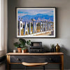 Panoramic Palm Springs sign artwork featuring palm trees and mountain views in California