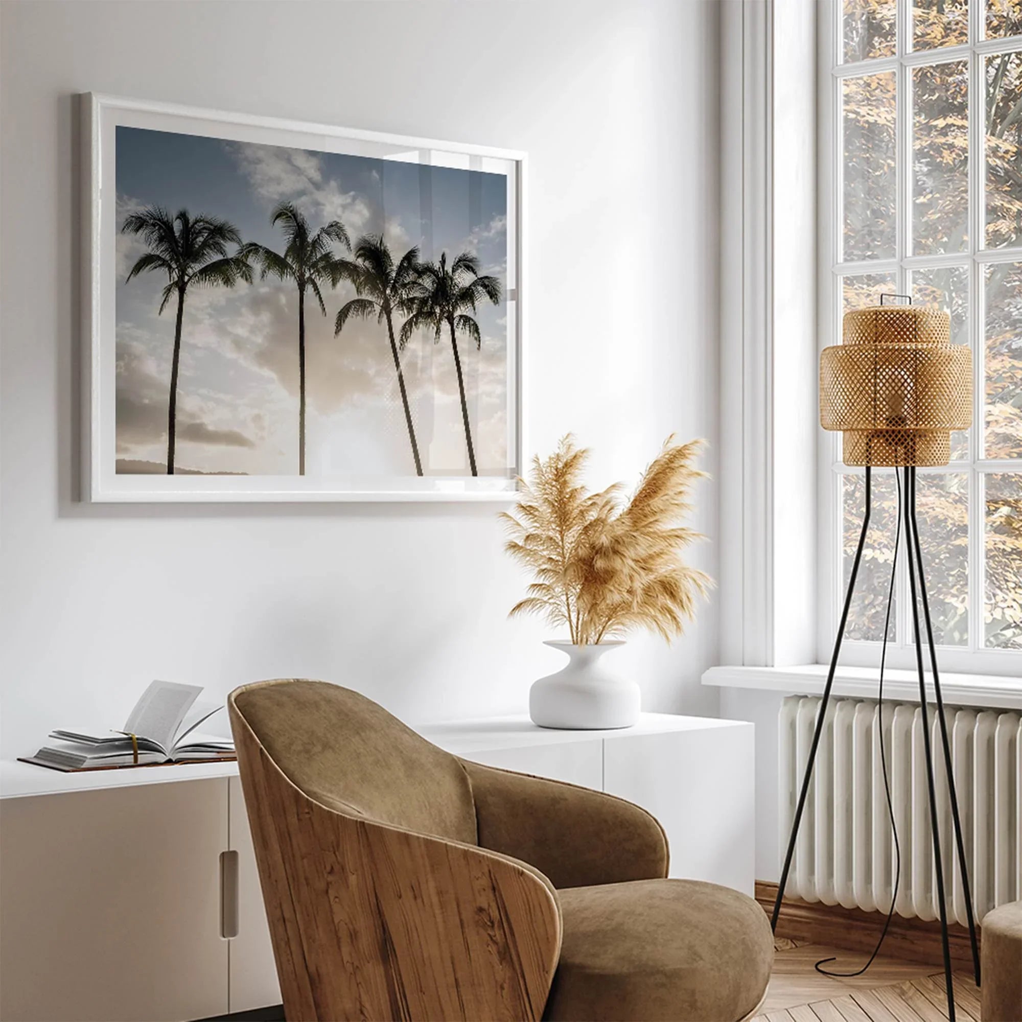 Sunset over palm trees in Kauai with golden sky and tropical landscape for wall decor