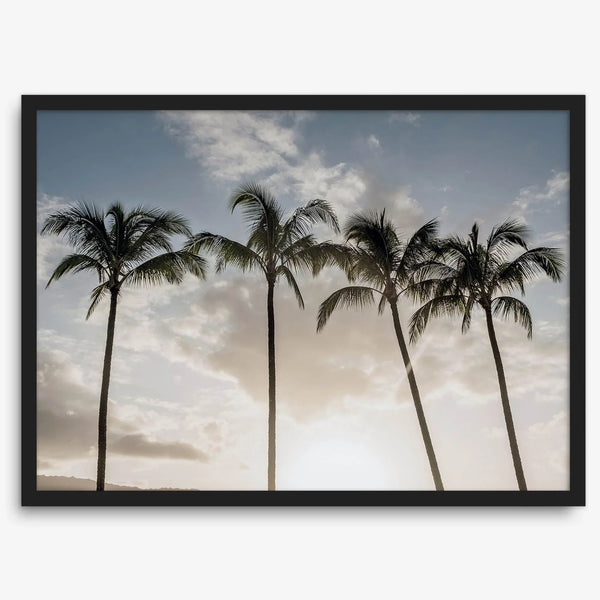 Sunset over palm trees in Kauai with golden sky and tropical landscape for wall decor