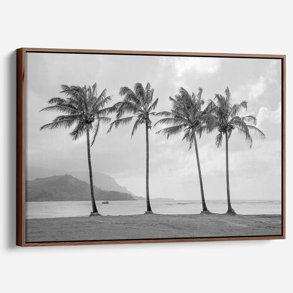 Black and white canvas print of four tall palm trees on Hanalei Bay beach in Kauai, with mountains and cloudy sky in the background.