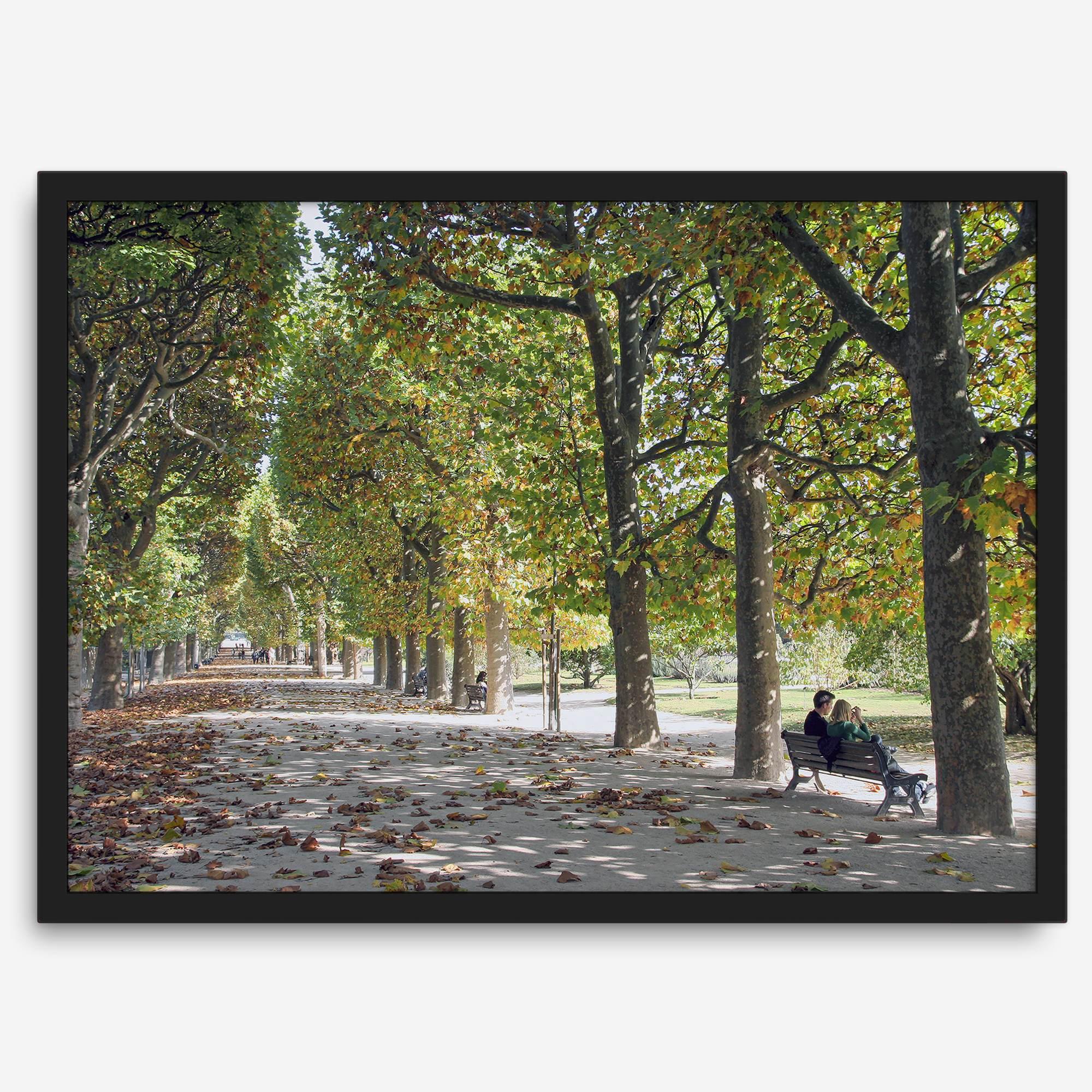 A fine art Paris print of Jardin des Tuileries in fall, featuring a couple sitting on a bench beneath vibrant autumn trees, surrounded by golden foliage.