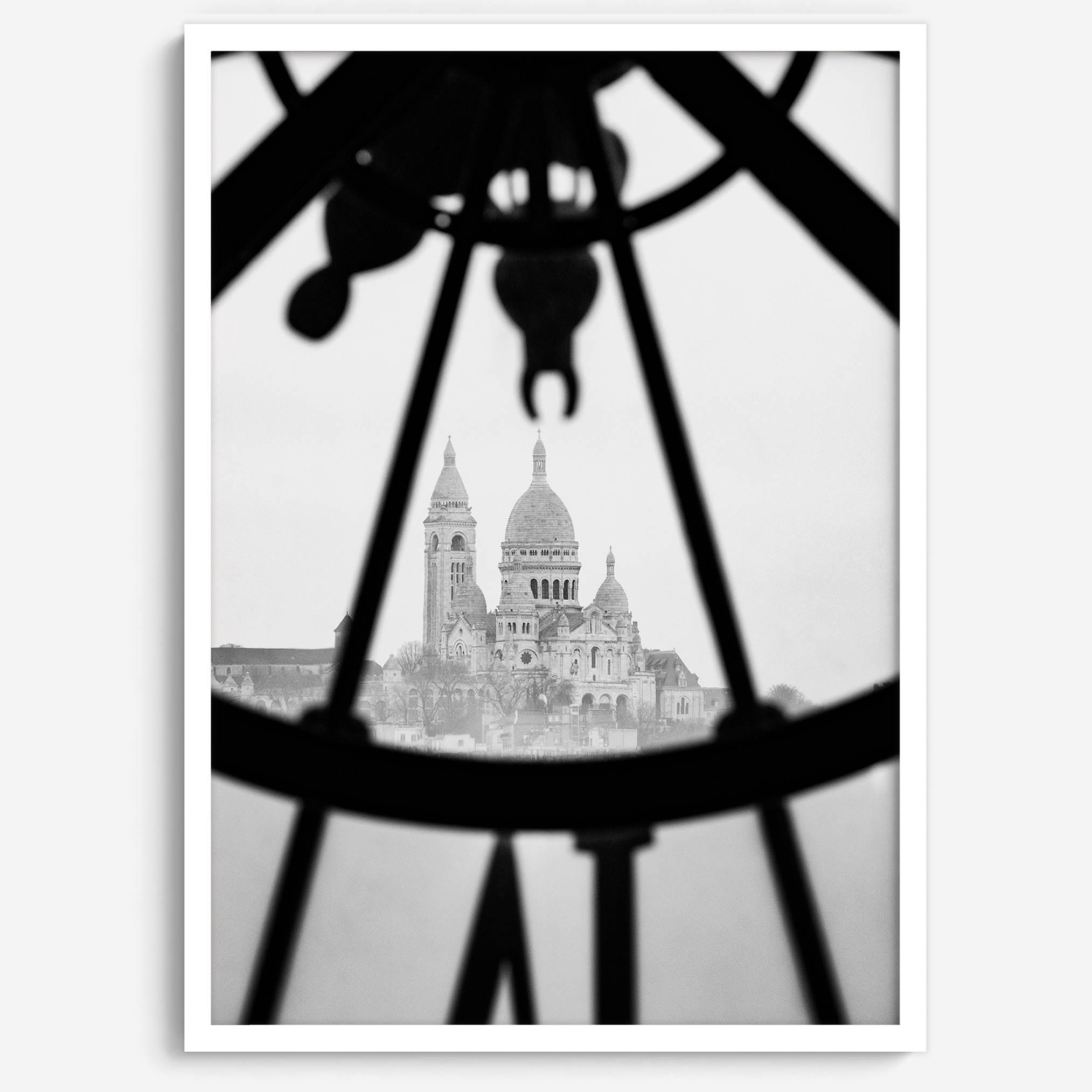 Black-and-white Paris wall decor showcasing the Sacré-Coeur Basilica framed by the Musée d’Orsay clock.