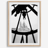 Black-and-white Paris wall decor showcasing the Sacré-Coeur Basilica framed by the Musée d’Orsay clock.