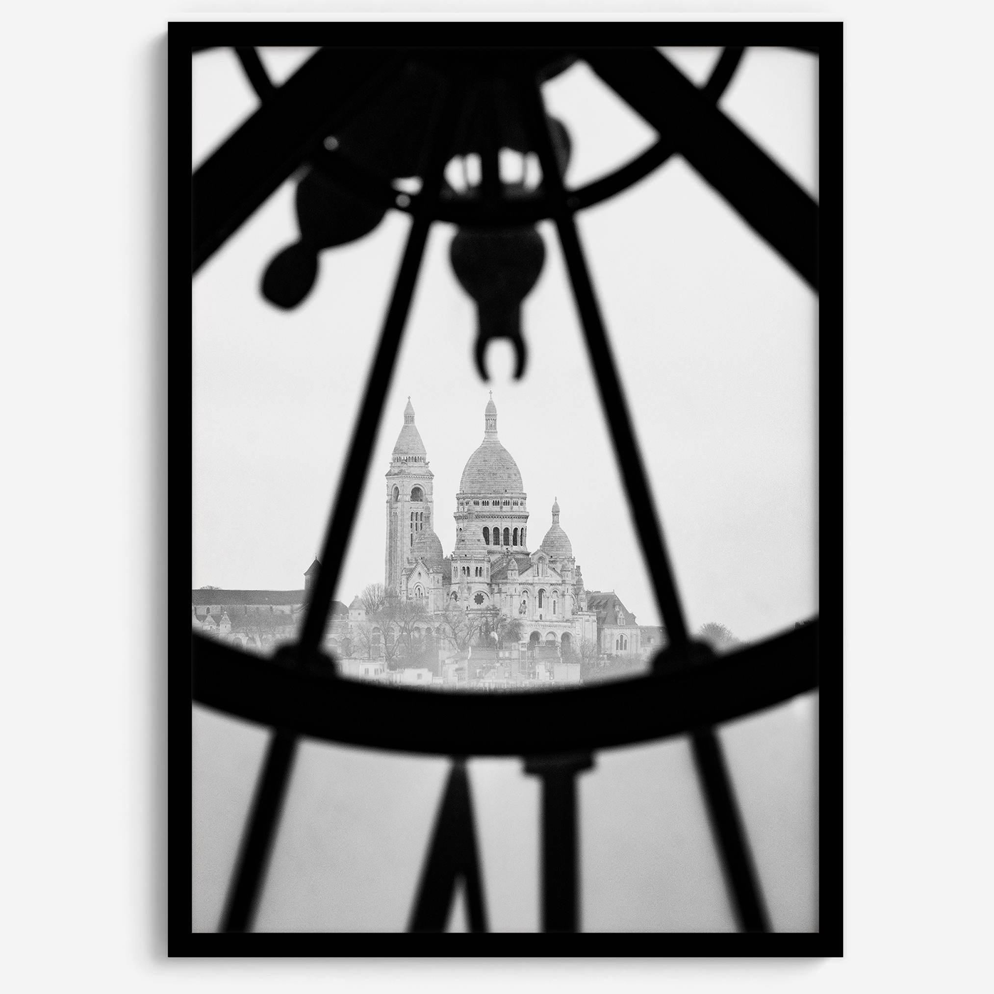 Black-and-white Paris wall decor showcasing the Sacré-Coeur Basilica framed by the Musée d’Orsay clock.