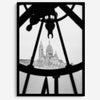 Black-and-white Paris wall decor showcasing the Sacré-Coeur Basilica framed by the Musée d’Orsay clock.