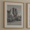 Black and white set of 3 prints: Yosemite National Park landmarks - print one is El Capitan, print two is Yosemite Falls and print three is a Half Dome closeup.