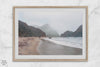 Framed Pfeiffer Beach wall art with foggy Big Sur cliffs and coastal shoreline