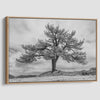 Close-up of black and white canvas texture showing detailed tree branches in scenic mountain setting.