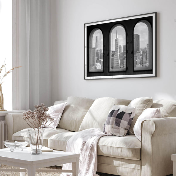 Framed black and white San Francisco skyline as seen from Coit Tower