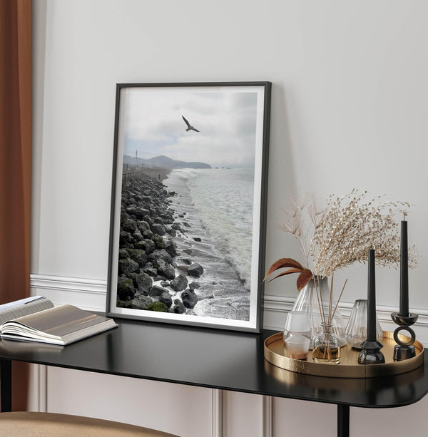 Serene sea gull wall art from Pacifica, coastal photography print for modern interiors