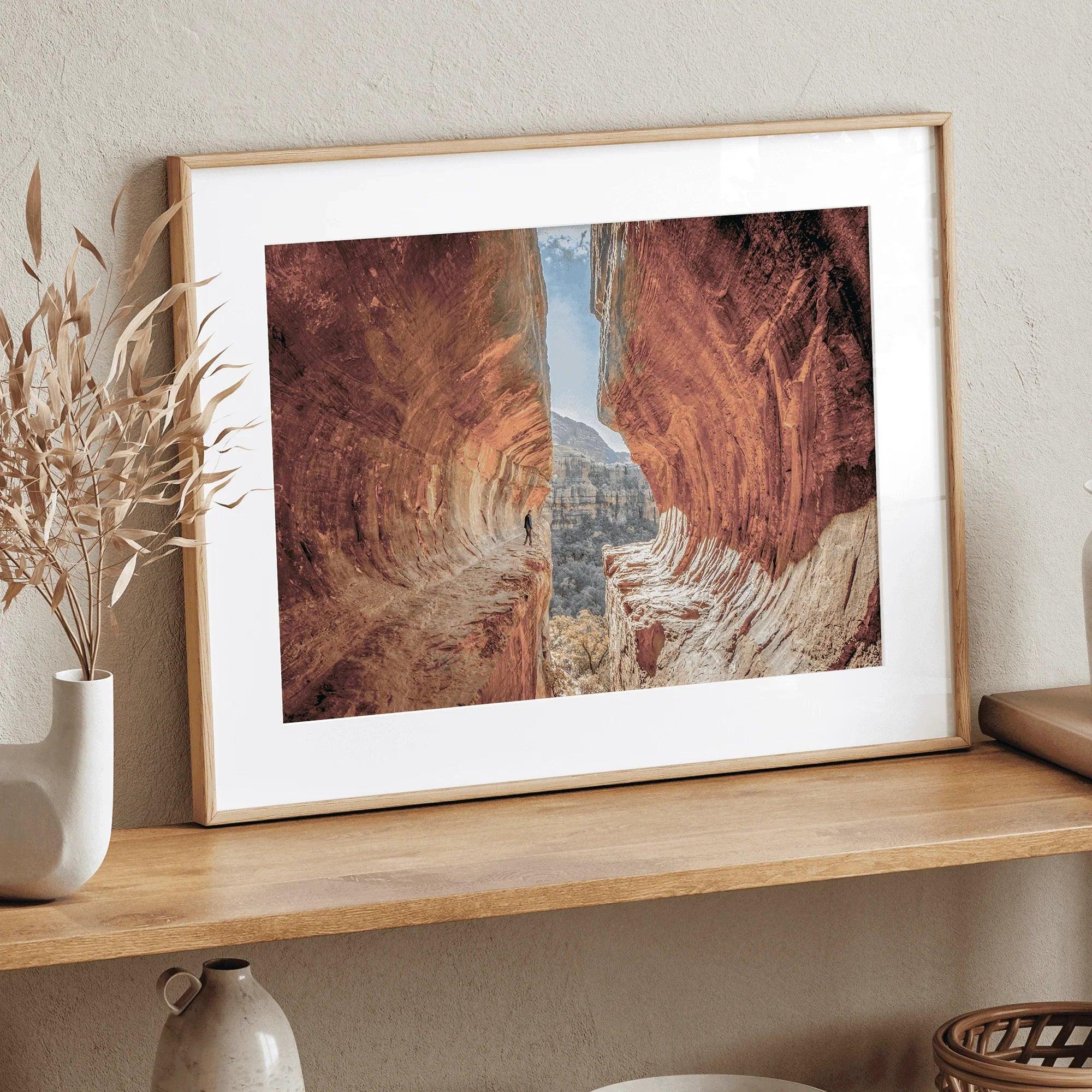 Sedona photography wall art featuring the stunning Subway Cave with glowing sandstone walls and a scenic desert valley.