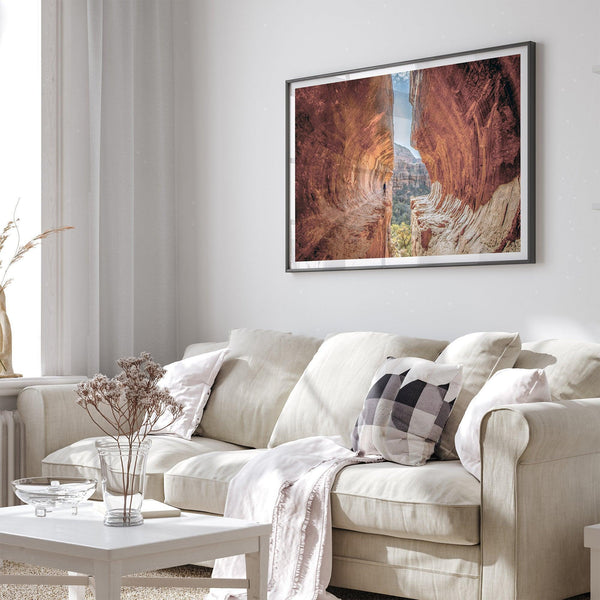 Sedona photography wall art featuring the stunning Subway Cave with glowing sandstone walls and a scenic desert valley.