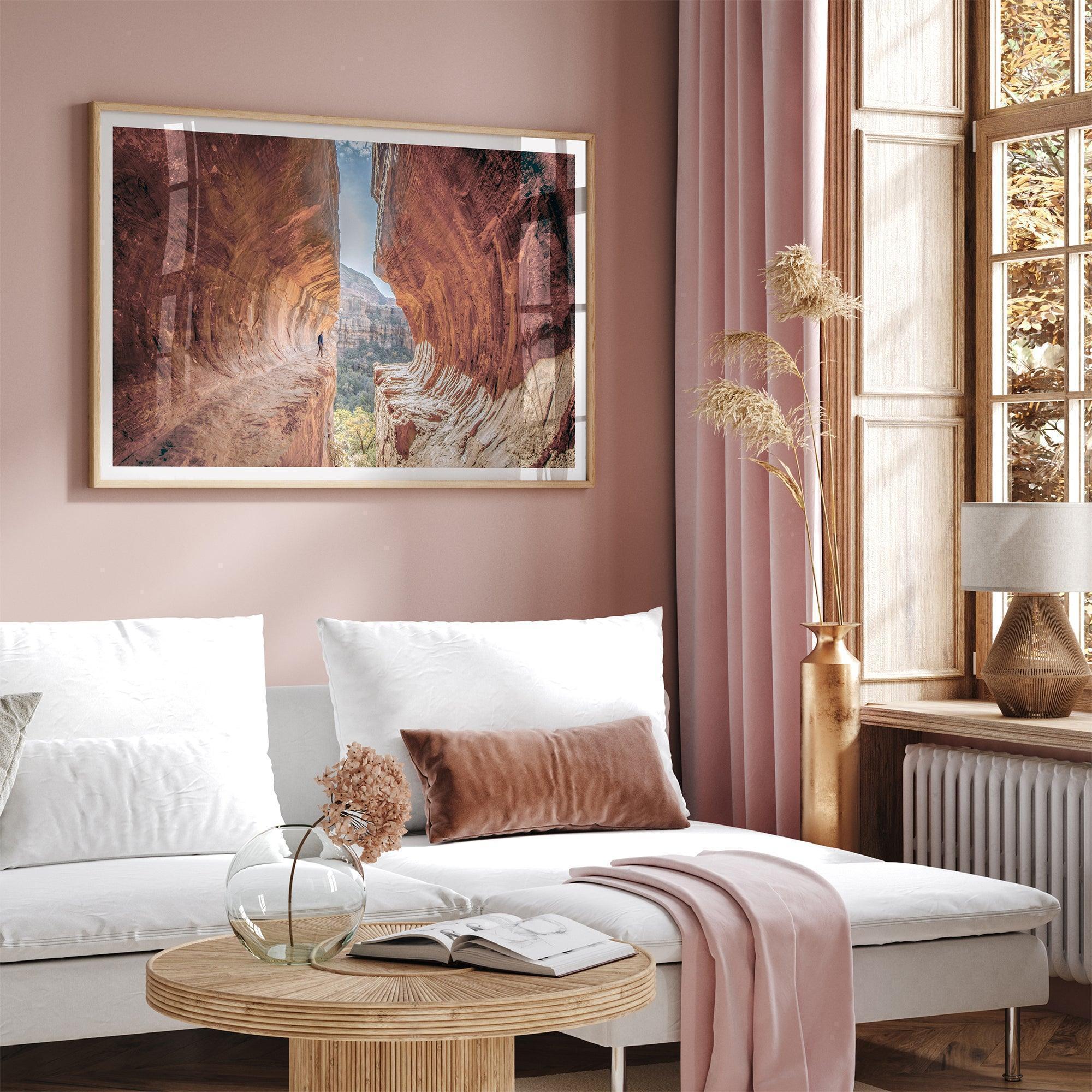 Sedona photography wall art featuring the stunning Subway Cave with glowing sandstone walls and a scenic desert valley.