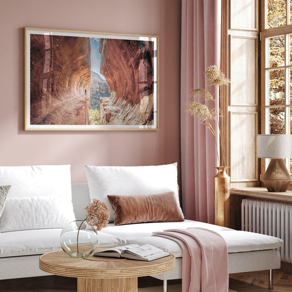 Sedona photography wall art featuring the stunning Subway Cave with glowing sandstone walls and a scenic desert valley.