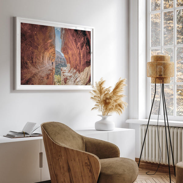Sedona photography wall art featuring the stunning Subway Cave with glowing sandstone walls and a scenic desert valley.