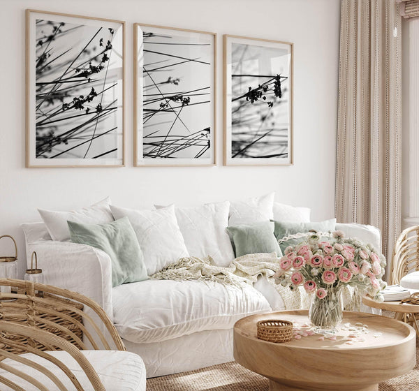 Minimalist black and white floral triptych with abstract plant silhouettes and delicate botanical linework.