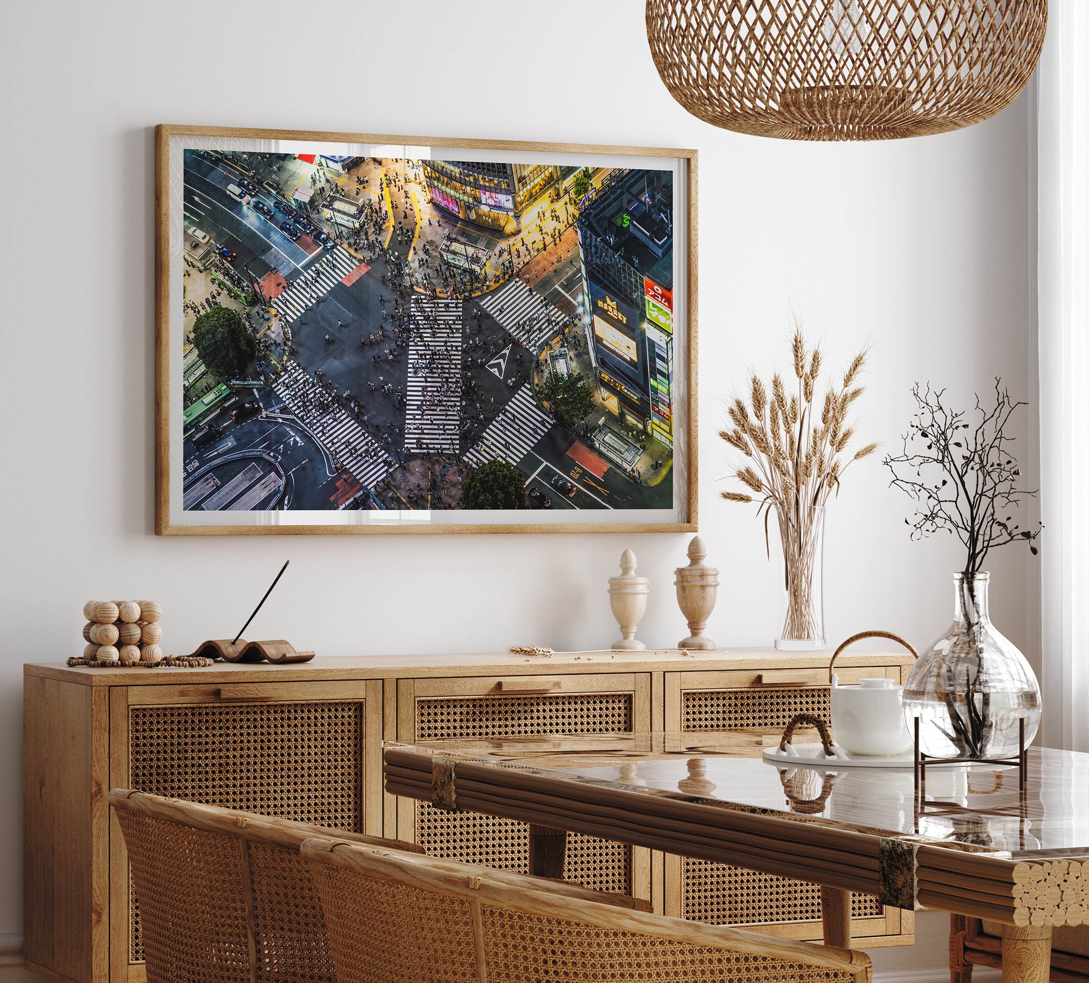 Shibuya Crossing print featuring an aerial Tokyo night scene with illuminated crosswalks and vibrant urban movement.