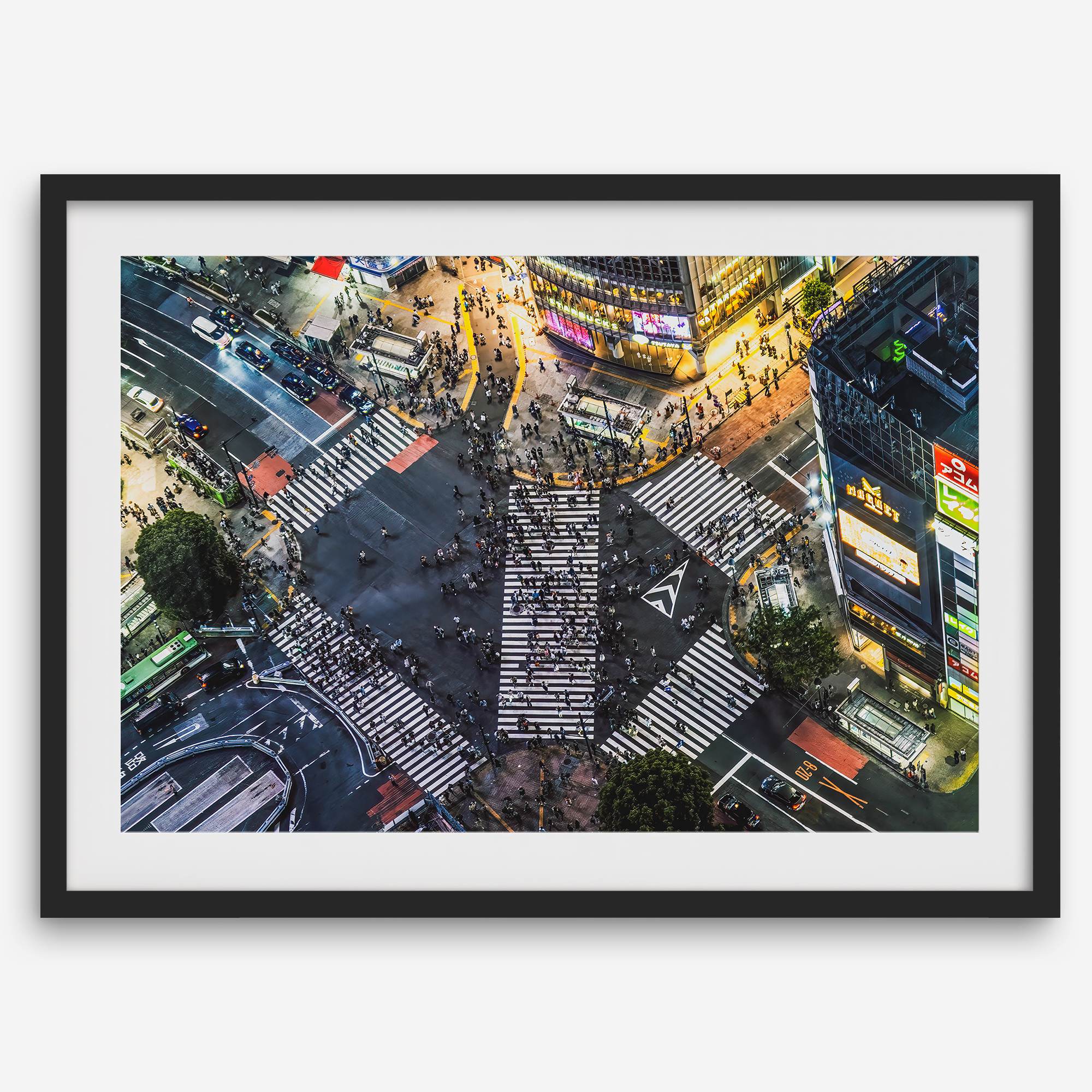 Shibuya Crossing print featuring an aerial Tokyo night scene with illuminated crosswalks and vibrant urban movement.
