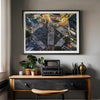 Shibuya Crossing print featuring an aerial Tokyo night scene with illuminated crosswalks and vibrant urban movement.