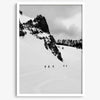 A fine art print showing five skiers traversing a vast, snowy mountain landscape under a pale winter sky, surrounded by untouched wilderness.