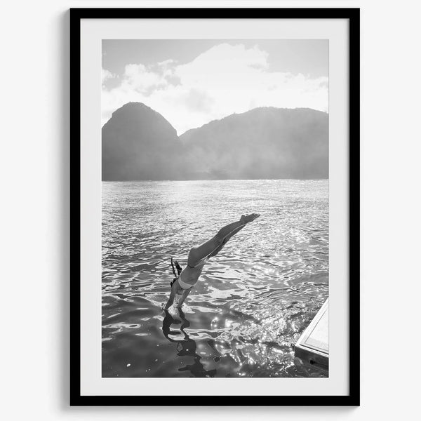 Fine art dive print in monochrome tones, elegant wall decor inspired by Hawaii.