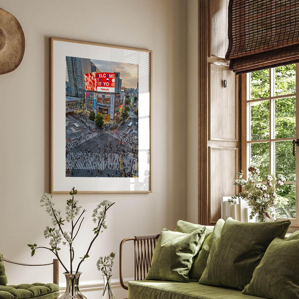  Elegant urban wall art of Shibuya Crossing in Tokyo with vibrant street life and architecture.