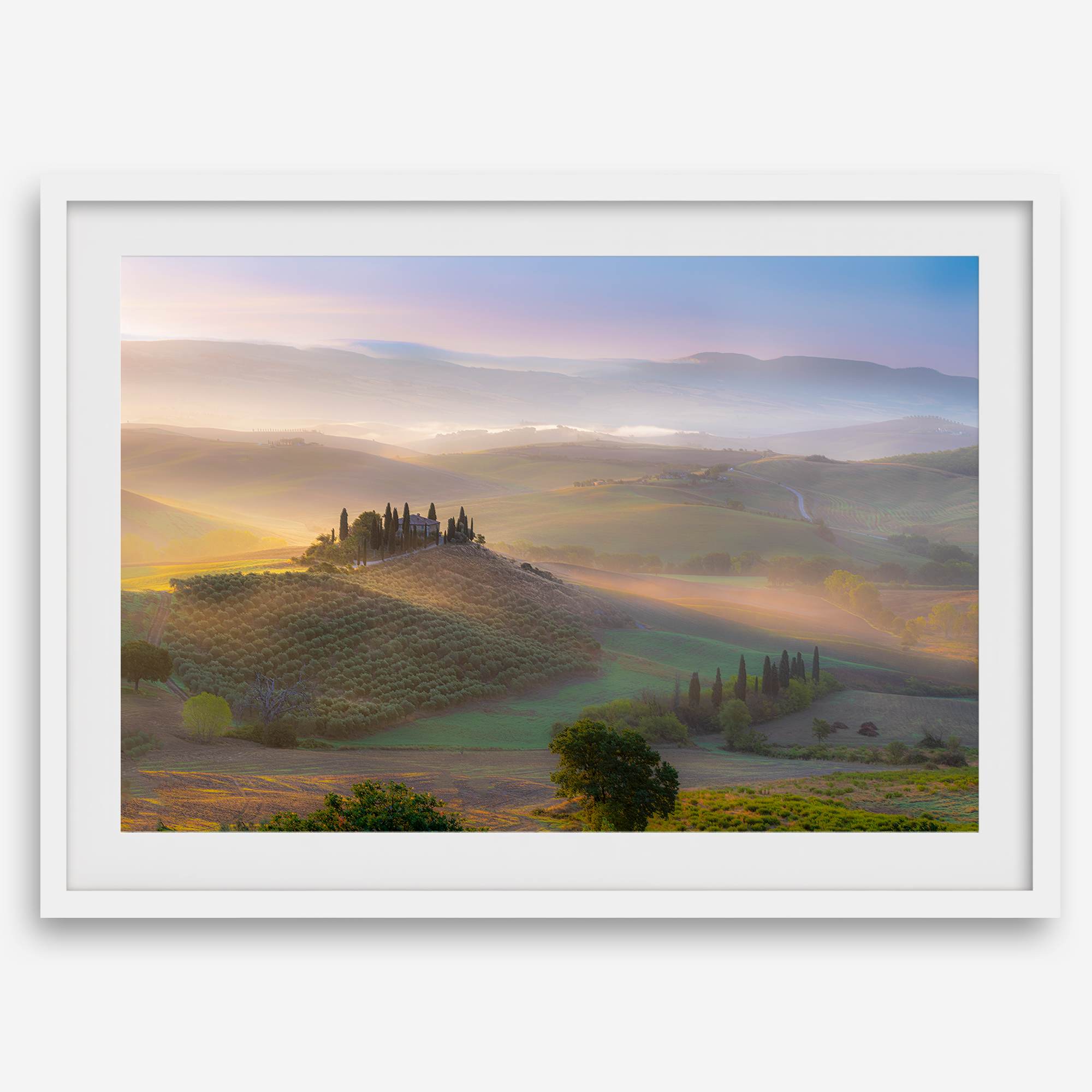 Tuscany wall art featuring sunrise over Val d’Orcia rolling hills and countryside landscape