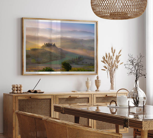 Tuscany wall art featuring sunrise over Val d’Orcia rolling hills and countryside landscape