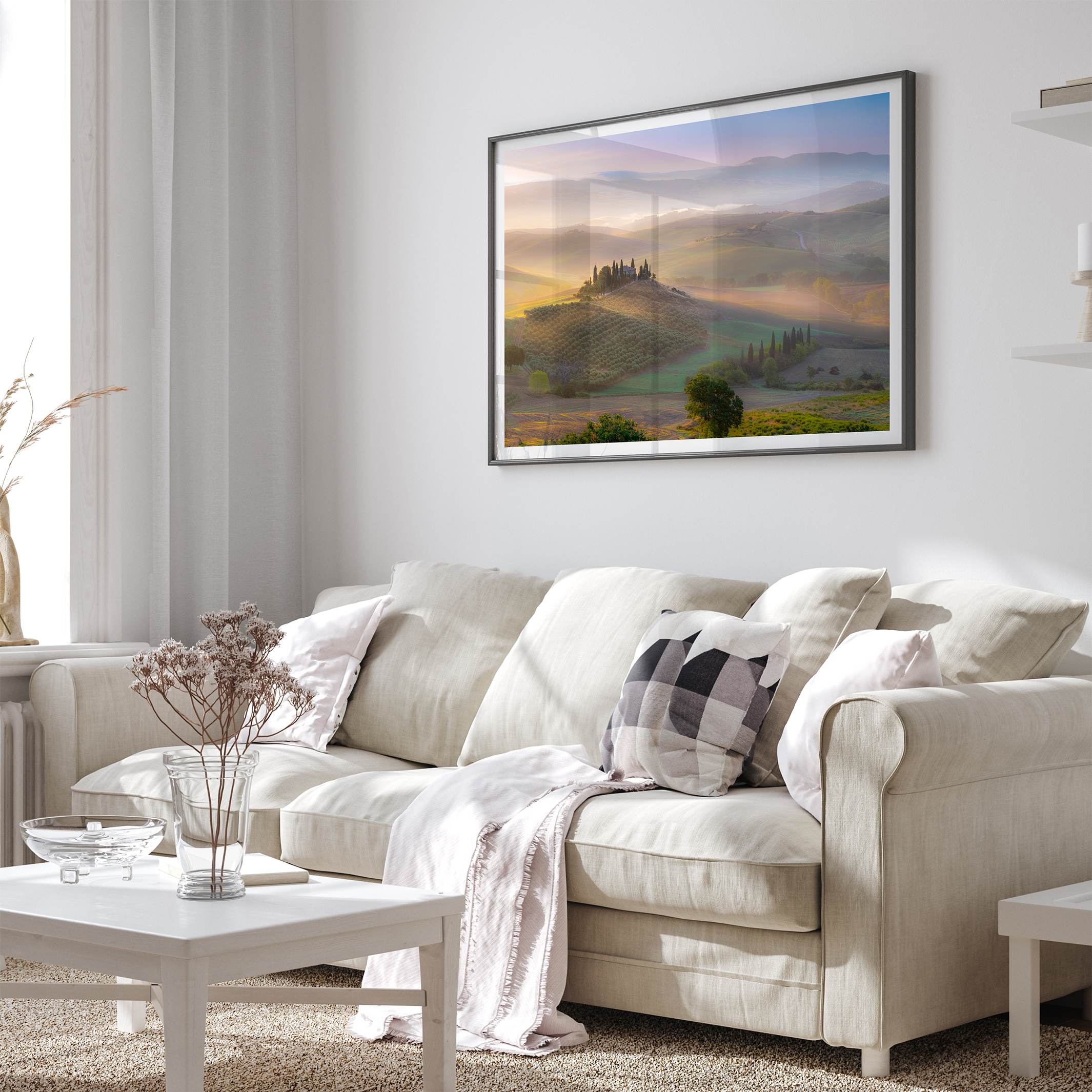 Tuscany wall art featuring sunrise over Val d’Orcia rolling hills and countryside landscape
