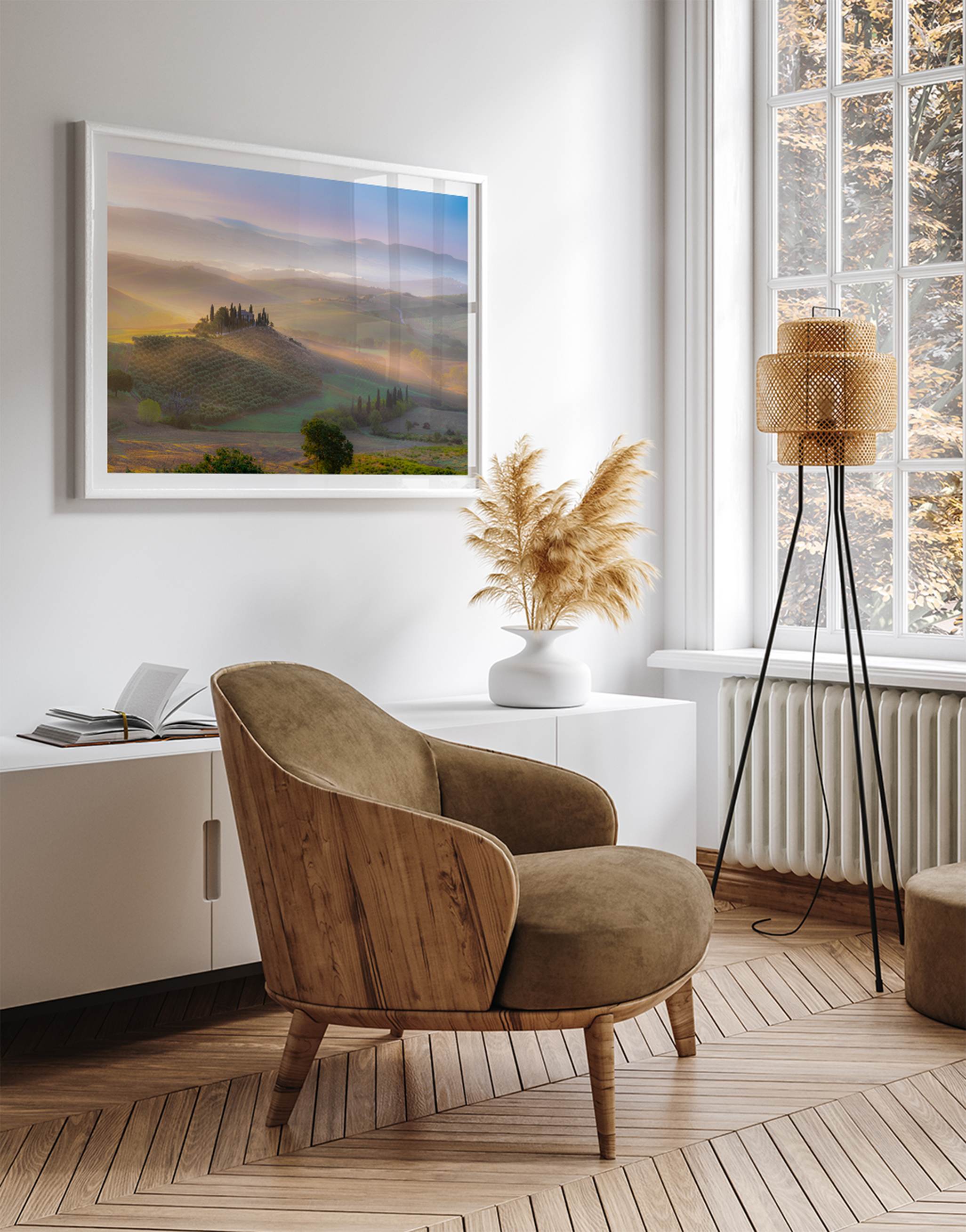 Tuscany wall art featuring sunrise over Val d’Orcia rolling hills and countryside landscape