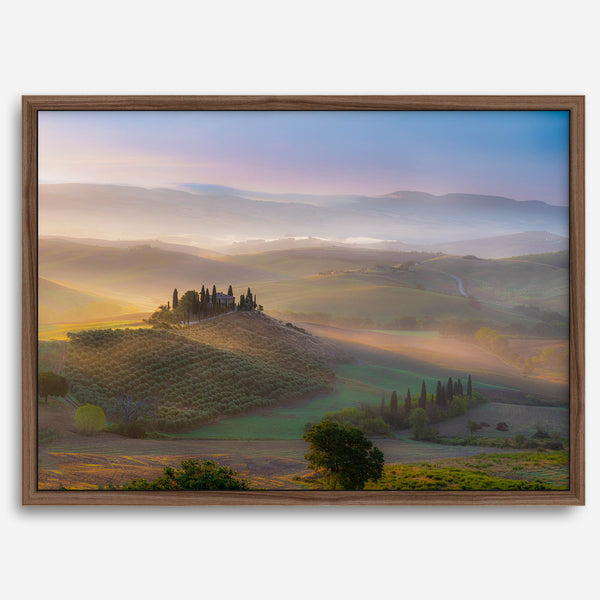 Tuscany wall art featuring sunrise over Val d’Orcia rolling hills and countryside landscape