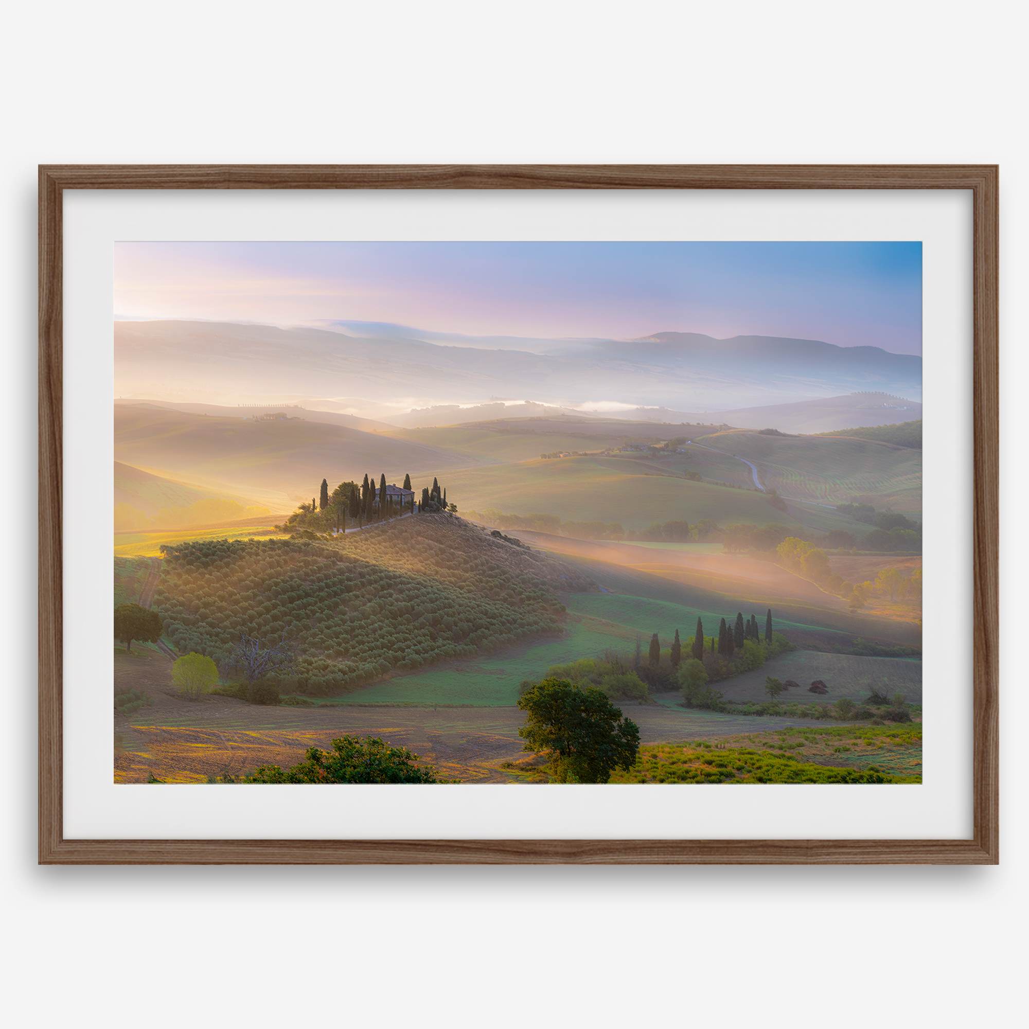 Tuscany wall art featuring sunrise over Val d’Orcia rolling hills and countryside landscape