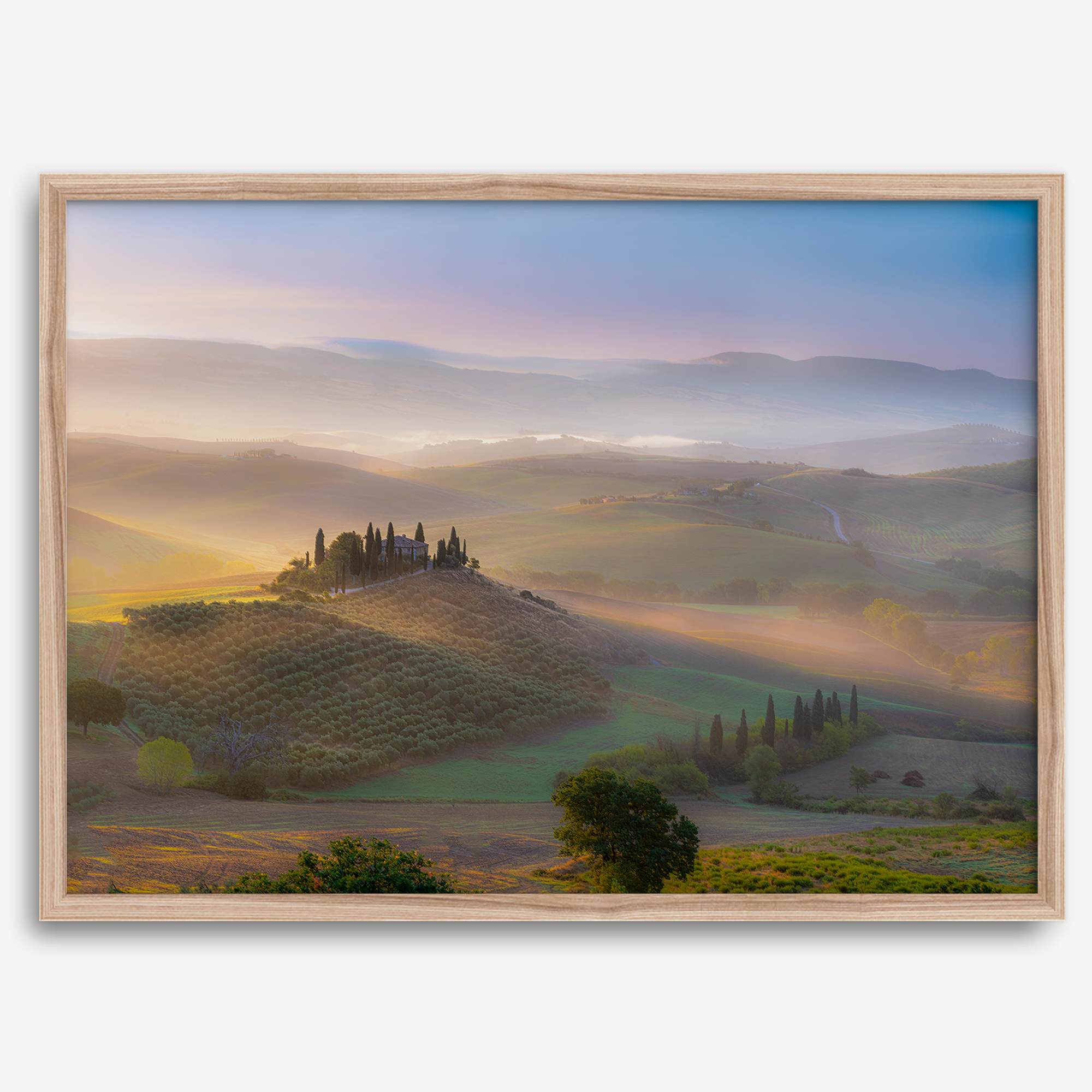 Tuscany wall art featuring sunrise over Val d’Orcia rolling hills and countryside landscape