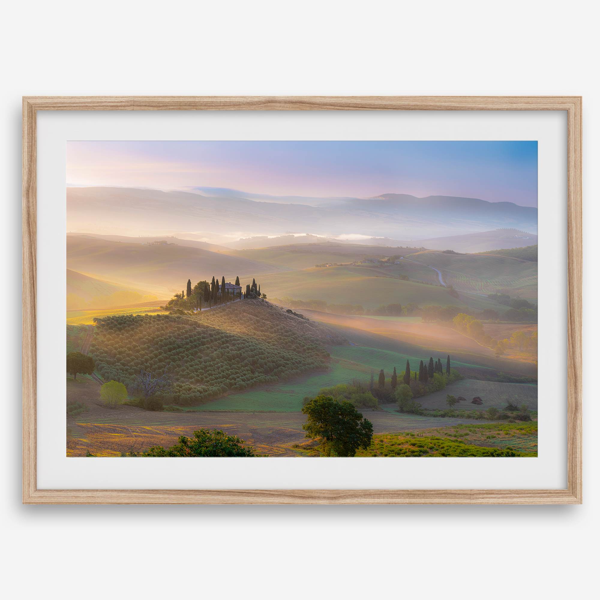 Tuscany wall art featuring sunrise over Val d’Orcia rolling hills and countryside landscape