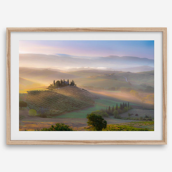 Tuscany wall art featuring sunrise over Val d’Orcia rolling hills and countryside landscape