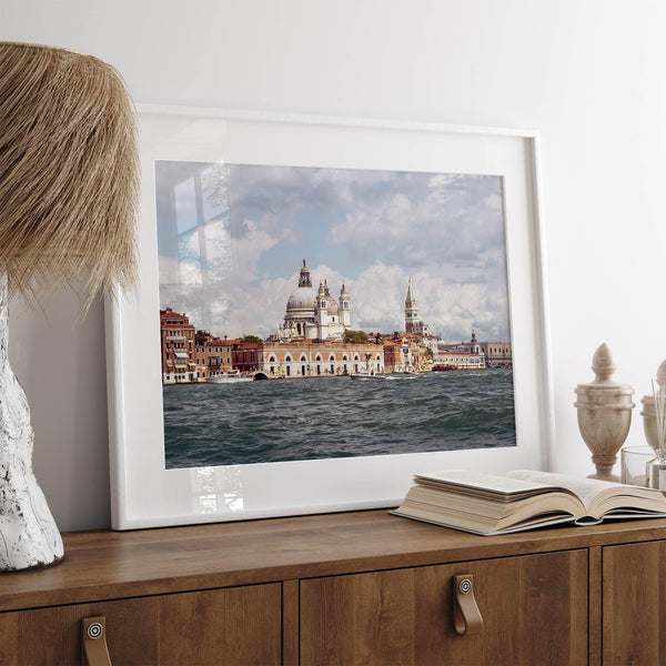 Framed Venice Italy photography print featuring Santa Maria della Salute and terracotta buildings.