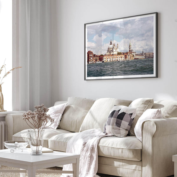 Framed Venice Italy photography print featuring Santa Maria della Salute and terracotta buildings.