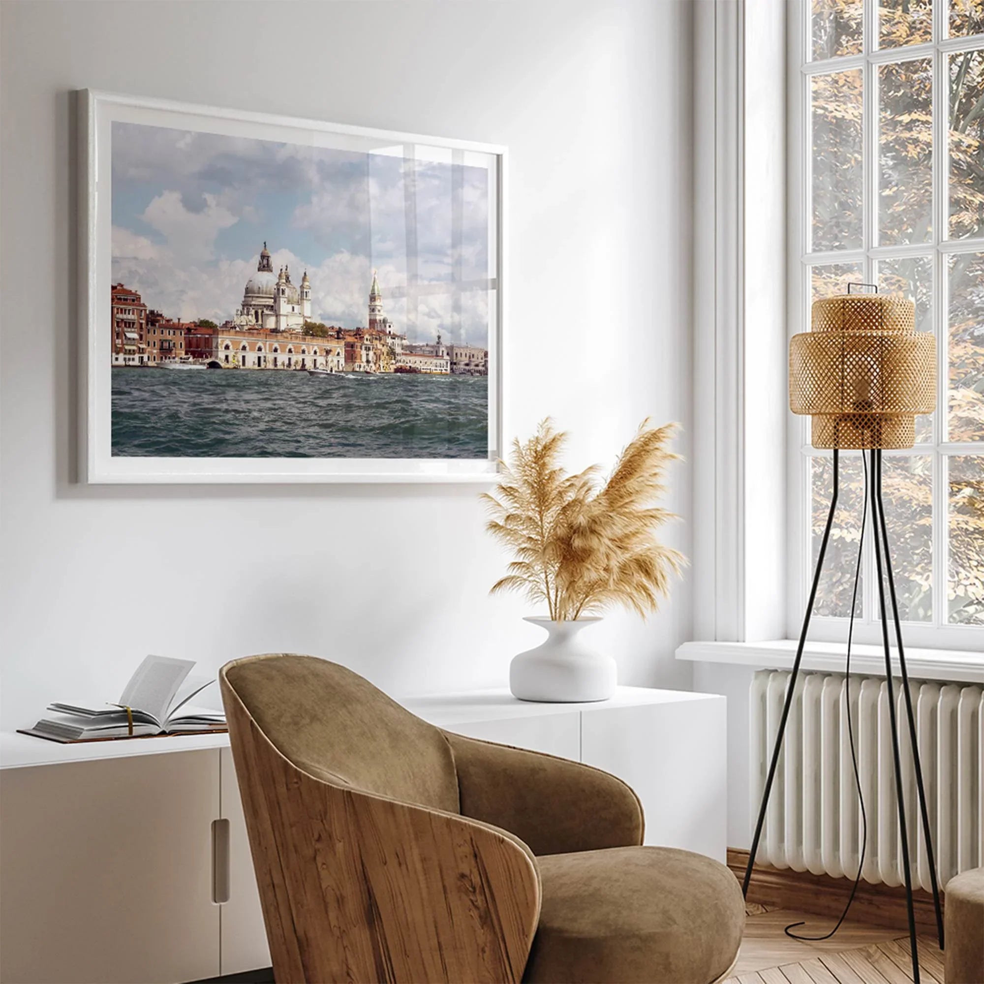 Framed Venice Italy photography print featuring Santa Maria della Salute and terracotta buildings.