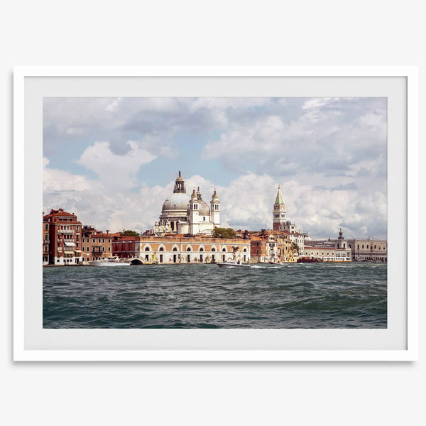 Framed Venice Italy photography print featuring Santa Maria della Salute and terracotta buildings.