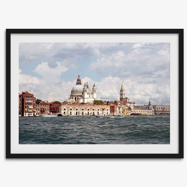 Framed Venice Italy photography print featuring Santa Maria della Salute and terracotta buildings.