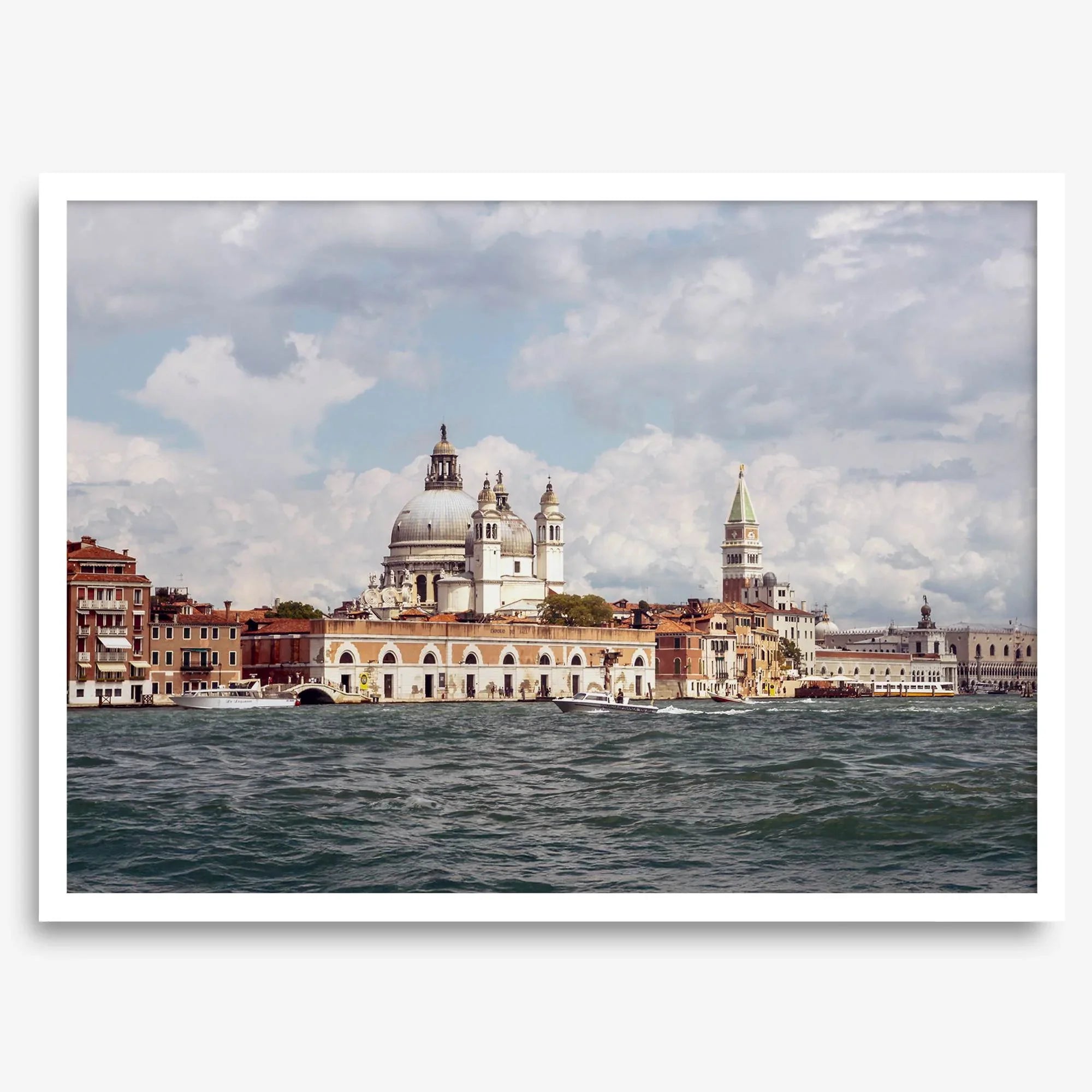 Framed Venice Italy photography print featuring Santa Maria della Salute and terracotta buildings.