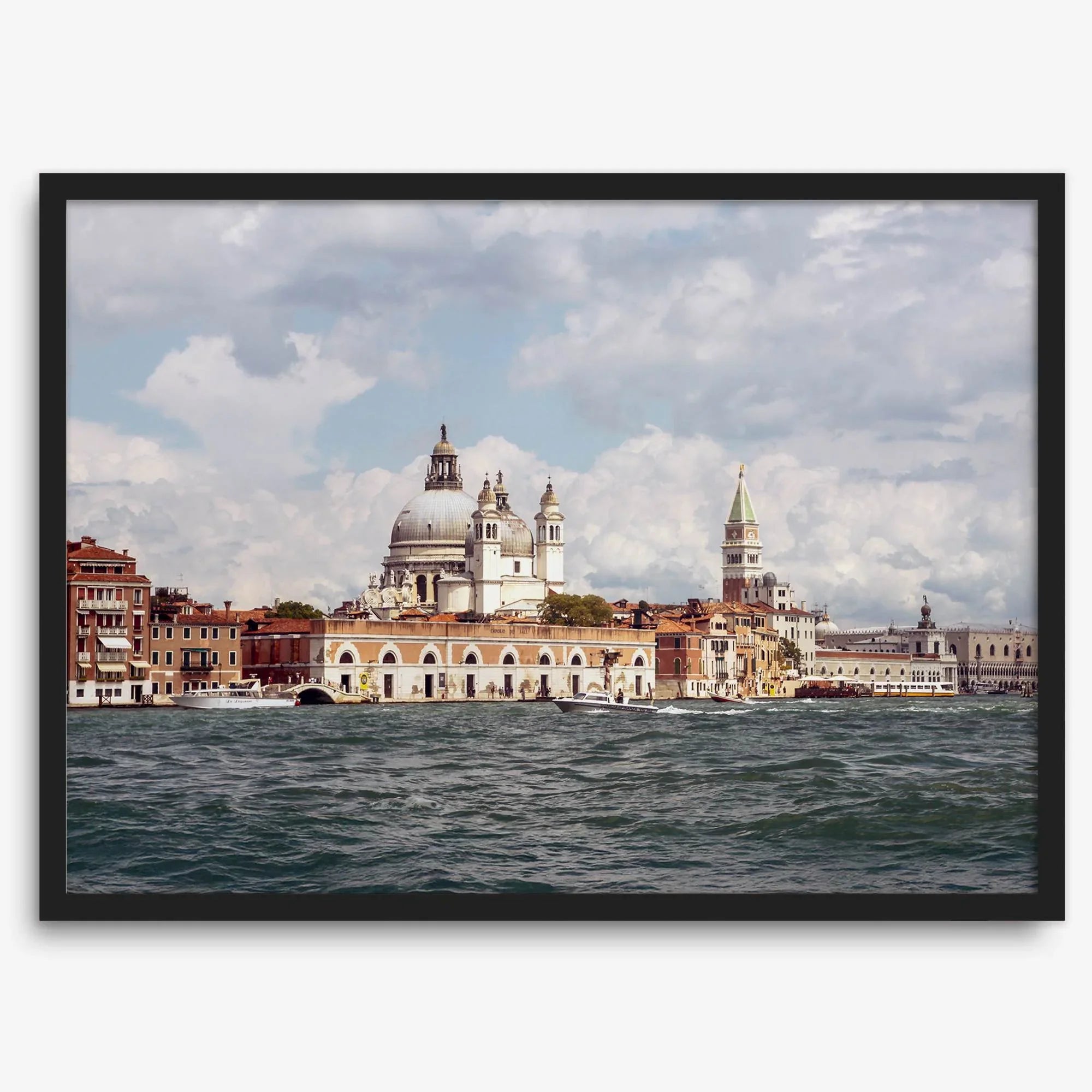 Framed Venice Italy photography print featuring Santa Maria della Salute and terracotta buildings.