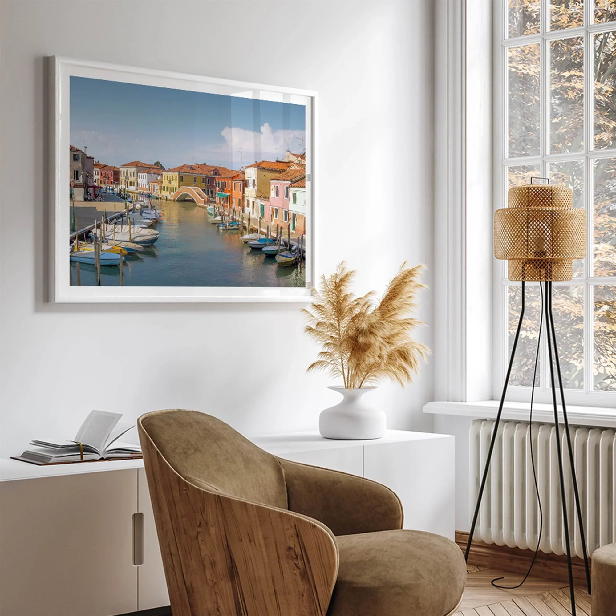 Colorful Murano Venice wall art featuring boats, bridge, and painted homes along the water.