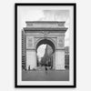 A Black and white architectural photograph print of Washington Square Arch in Greenwich Village, New York City, with people playing soccer in the foreground.