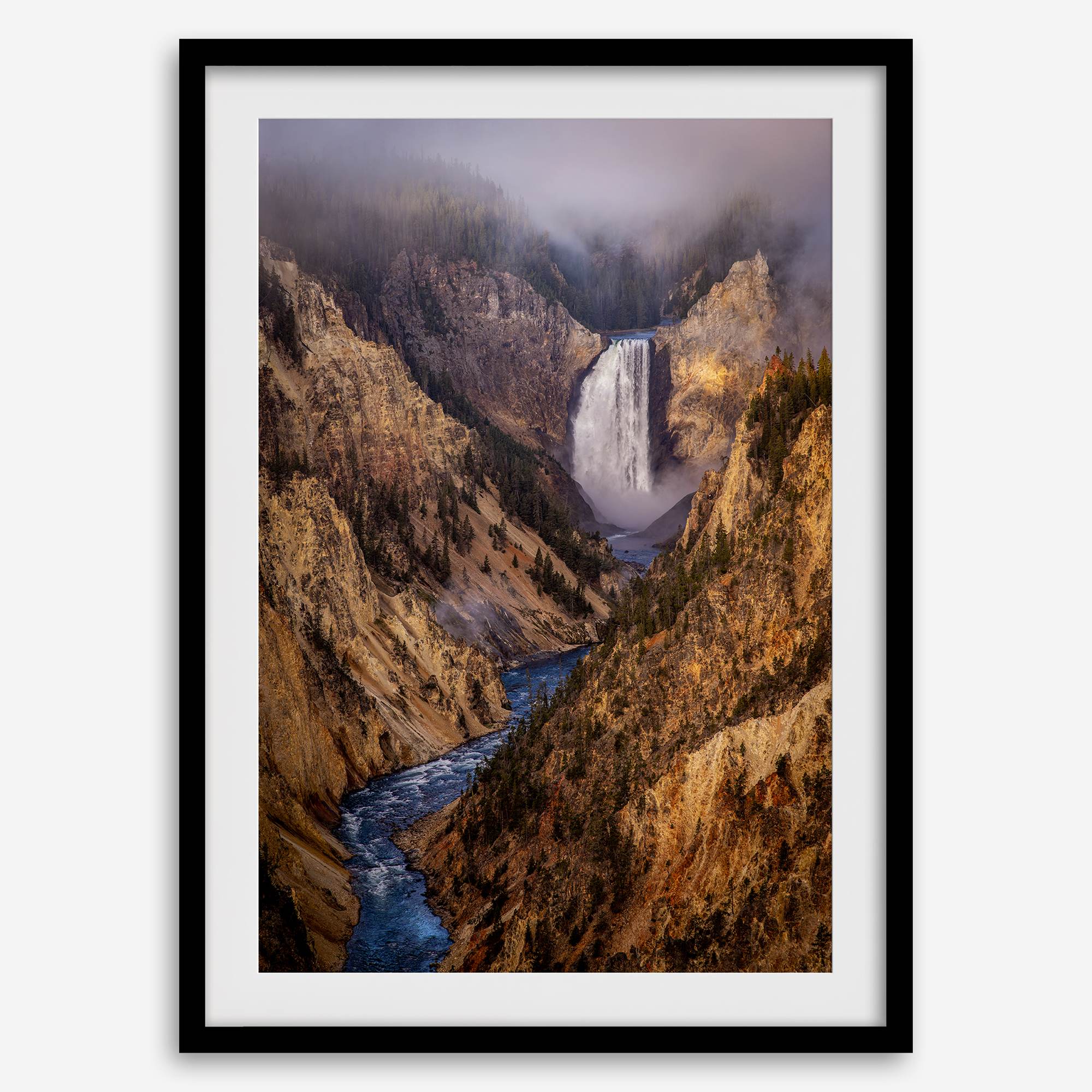 Painterly landscape photograph of the Grand Canyon of the Yellowstone with mist and waterfall.