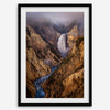 Painterly landscape photograph of the Grand Canyon of the Yellowstone with mist and waterfall.