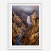 Painterly landscape photograph of the Grand Canyon of the Yellowstone with mist and waterfall.