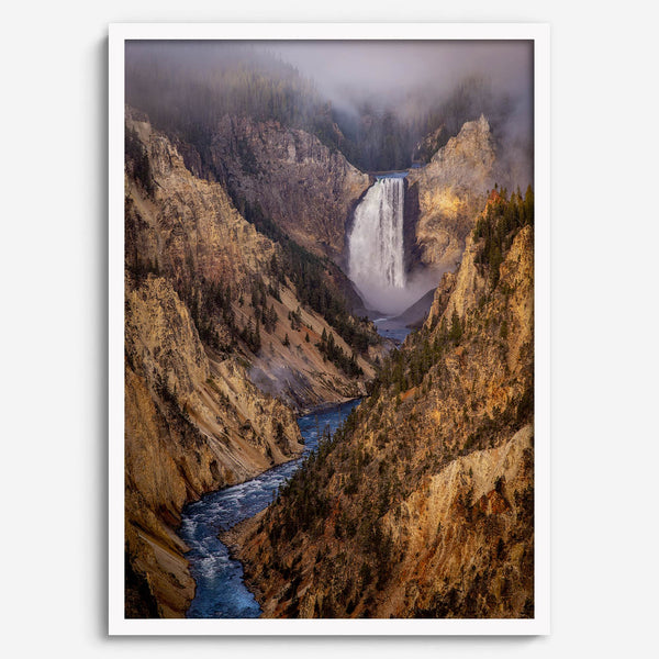 Painterly landscape photograph of the Grand Canyon of the Yellowstone with mist and waterfall.