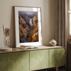 Painterly landscape photograph of the Grand Canyon of the Yellowstone with mist and waterfall.